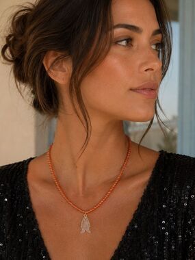 Mayamar Orange Glass Bead Necklace with Clear Fish Charm